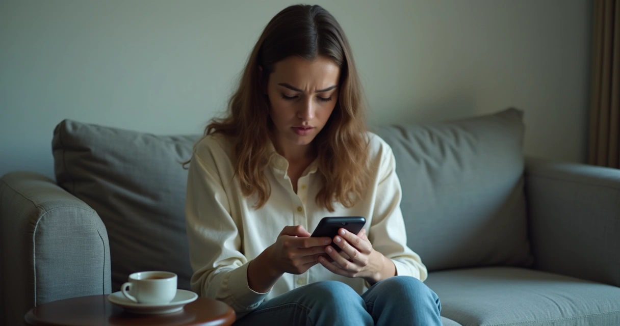 Moça hesitante com telefone na mão olhando para baixo 