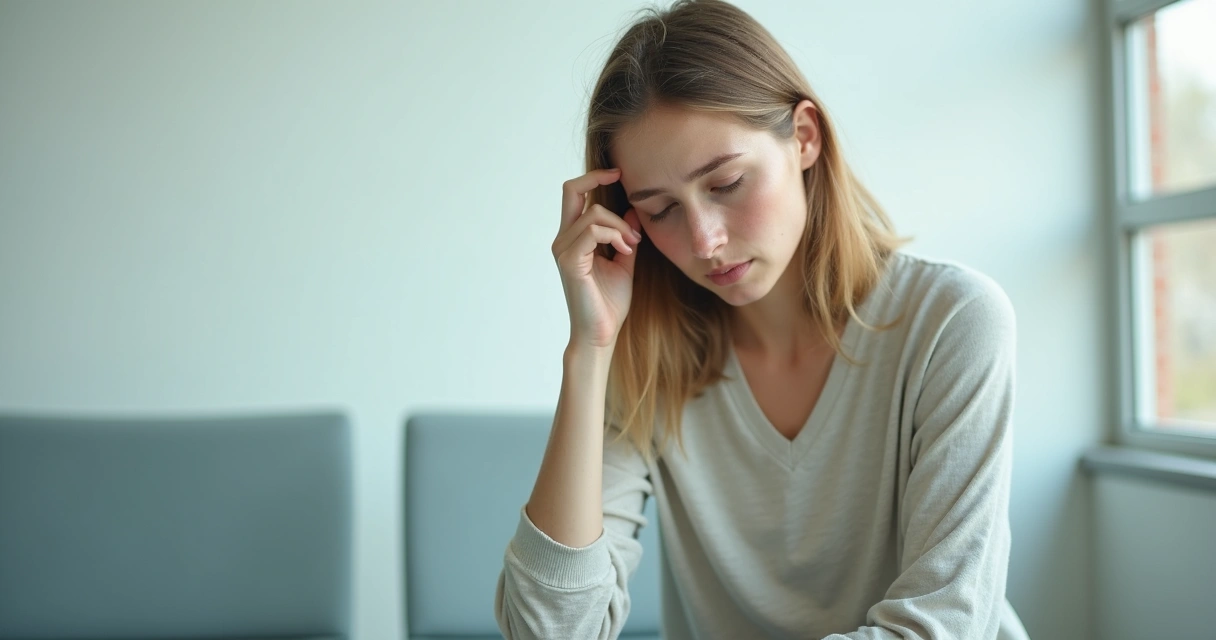 Mulher jovem pálida sentada, mostrando cansaço 