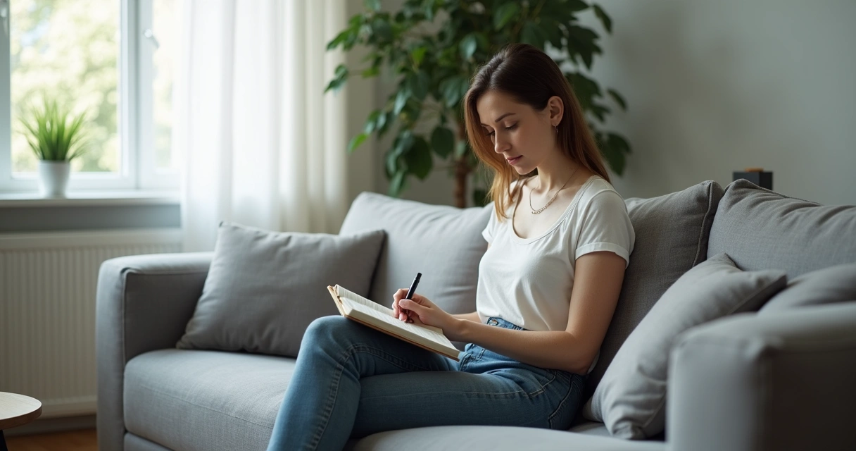Mulher sentada em sofá olhando para baixo em expressão pensativa 
