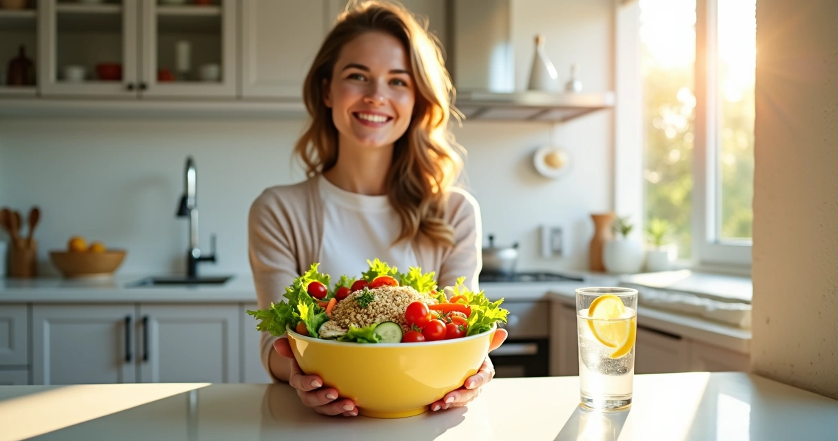 Mulher segura prato colorido com salada variada. 