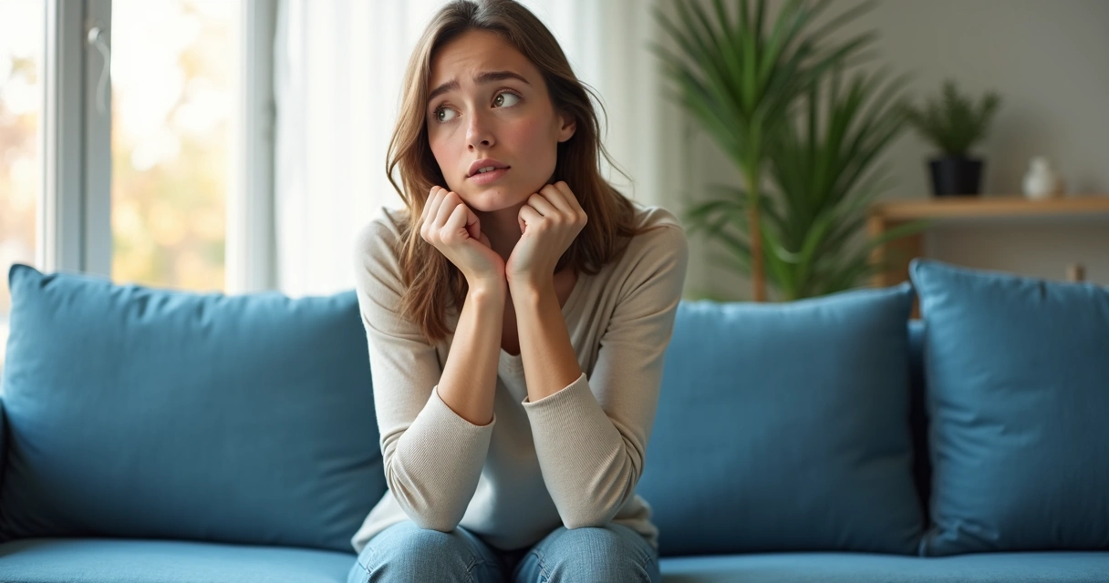 Moça sentada em sofá olhando para frente com expressão preocupada, mãos juntas na boca, ambiente claro ao fundo 