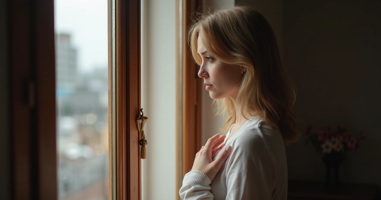 Mulher olhando pela janela, mão no peito, refletindo sobre decisão difícil 