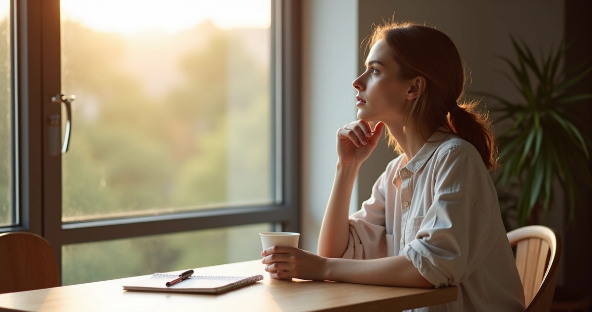 Mulher sentada à mesa olhando para fora da janela enquanto segura um copo, com expressão pensativa, caderno e caneta sobre a mesa 