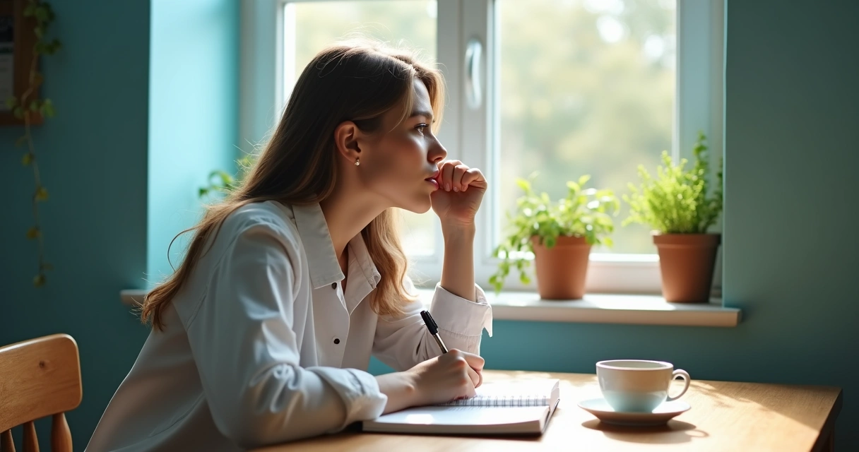 Moça sentada escrevendo em um caderno com olhar contemplativo 