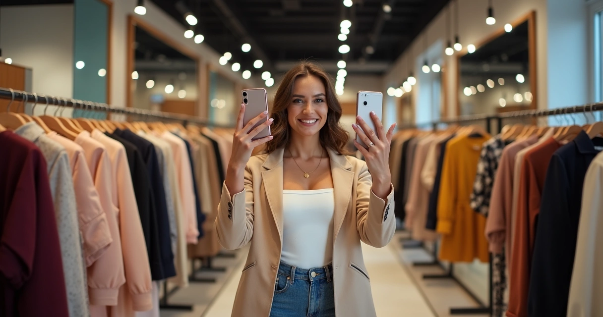 Mulher experimentando roupas em vídeo curto 