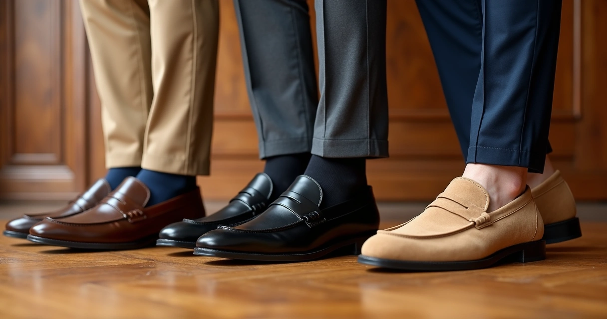 Detalhe de diferentes mocassins masculino, em marrom, preto e camurça, usados com calças sociais 