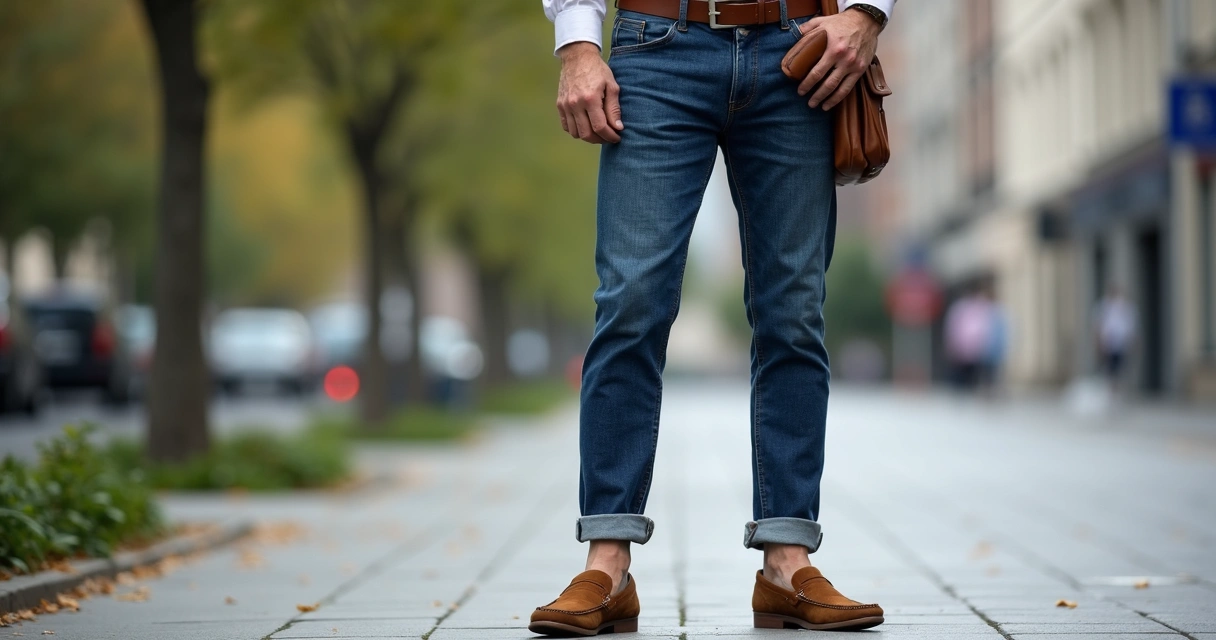 Homem usando mocassim marrom com jeans e camisa clara 