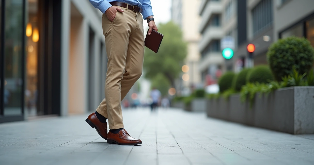 Homem usando mocassim masculino marrom em look casual elegante na rua 