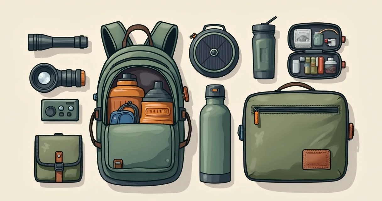 Mochila de viagem aberta com acessórios compactos prontos para uso 