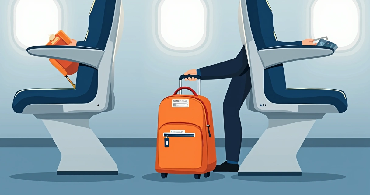 Mochila pequena posicionada sob assento de avião com bilhetes e etiqueta de bagagem 