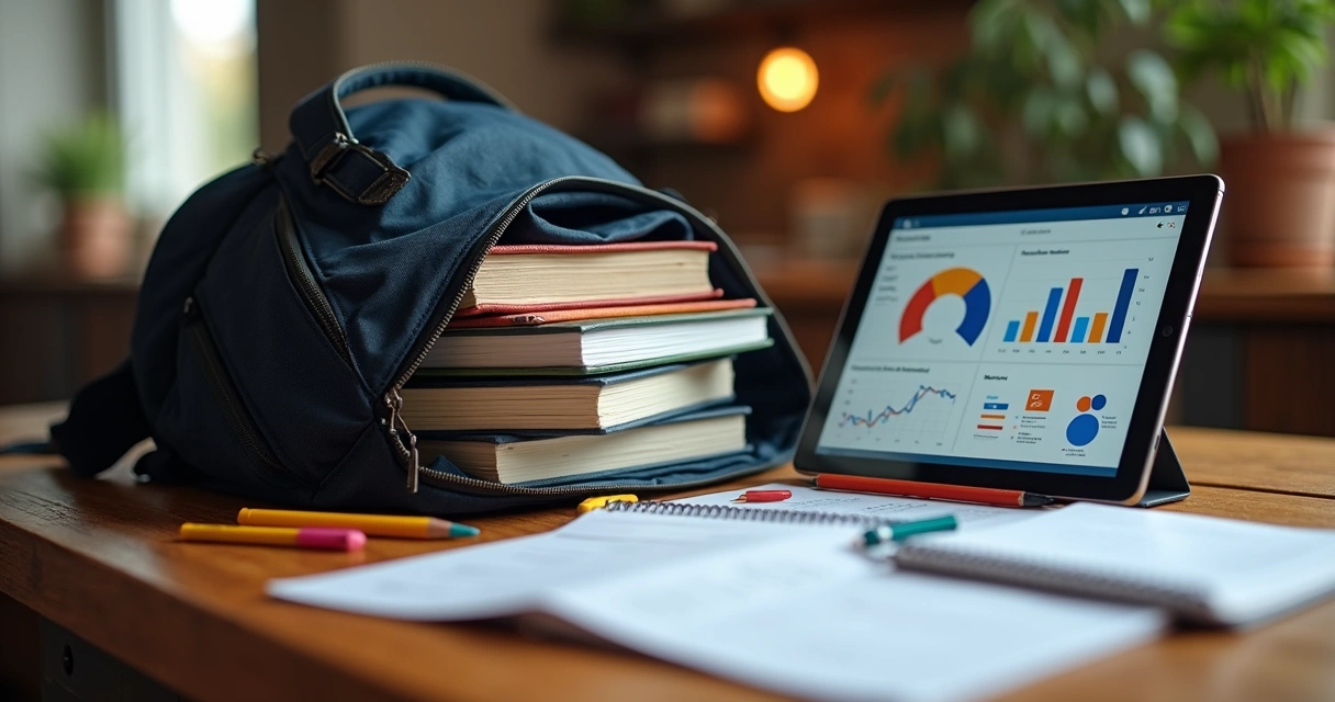 Mochila com livros e tablet mostrando materiais de estudo