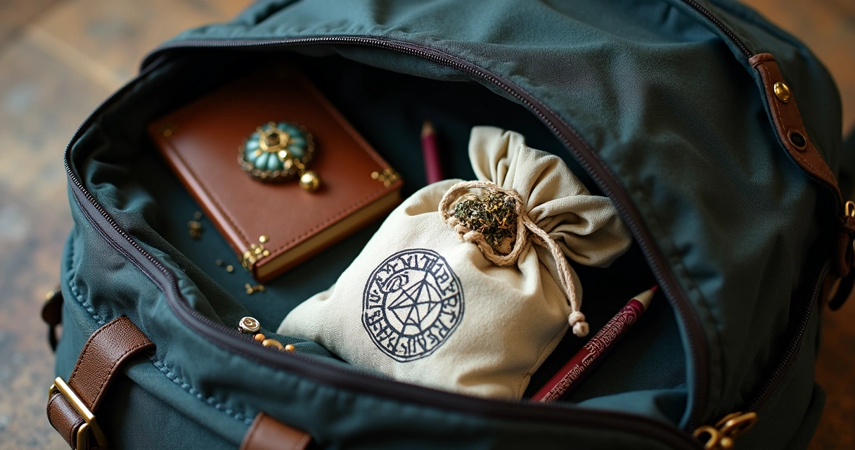 Interior de mochila aberta mostrando sachê de ervas secas e livro esotérico. 