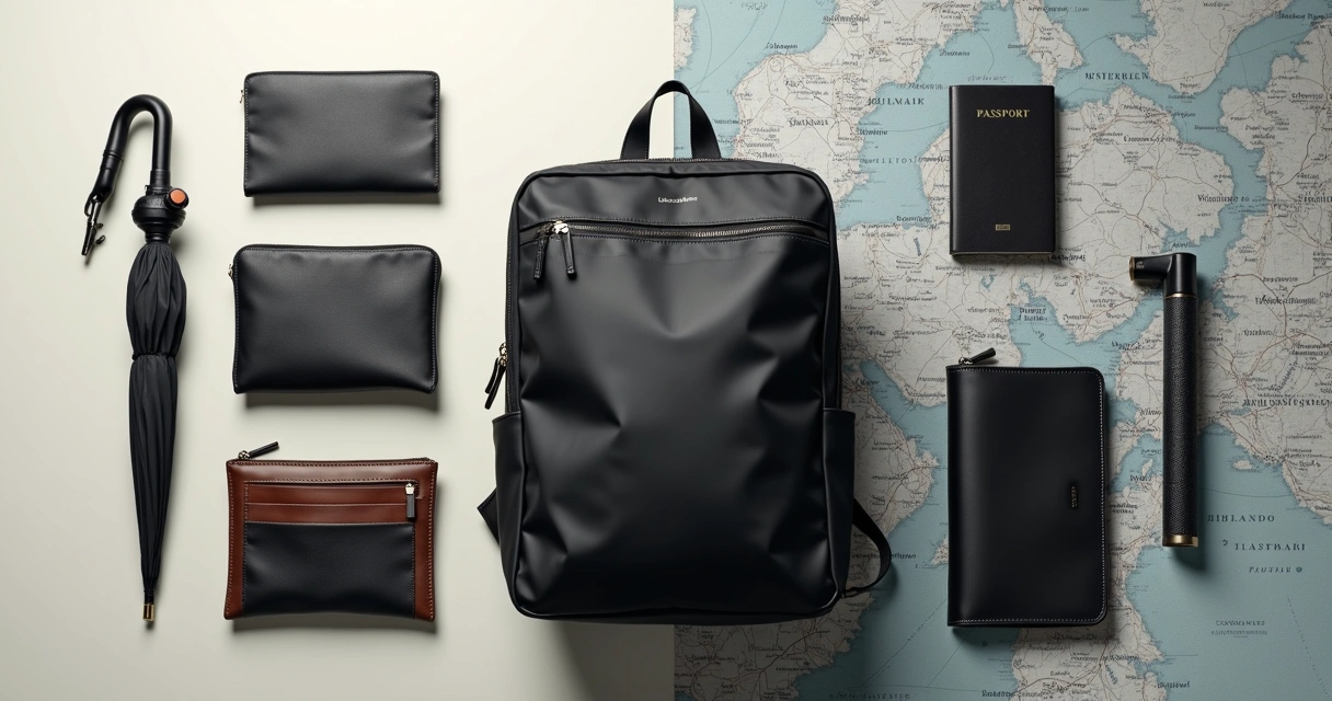 Mochila preta elegante com acessórios e carteira organizados ao redor 