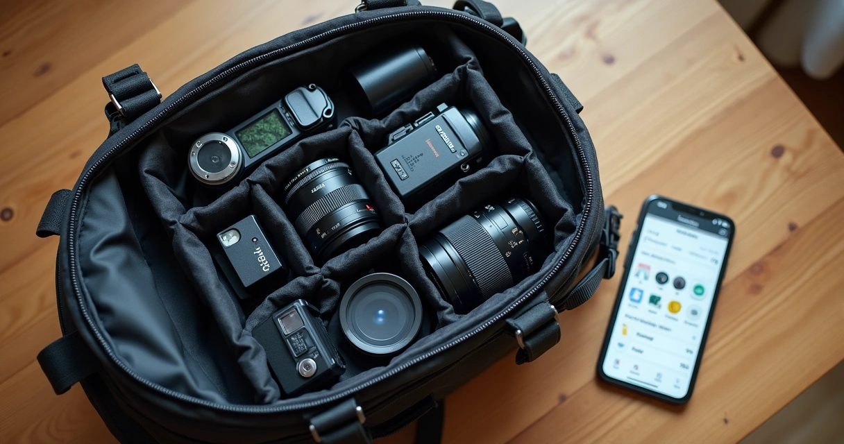 Mochila aberta com equipamentos fotográficos organizados 