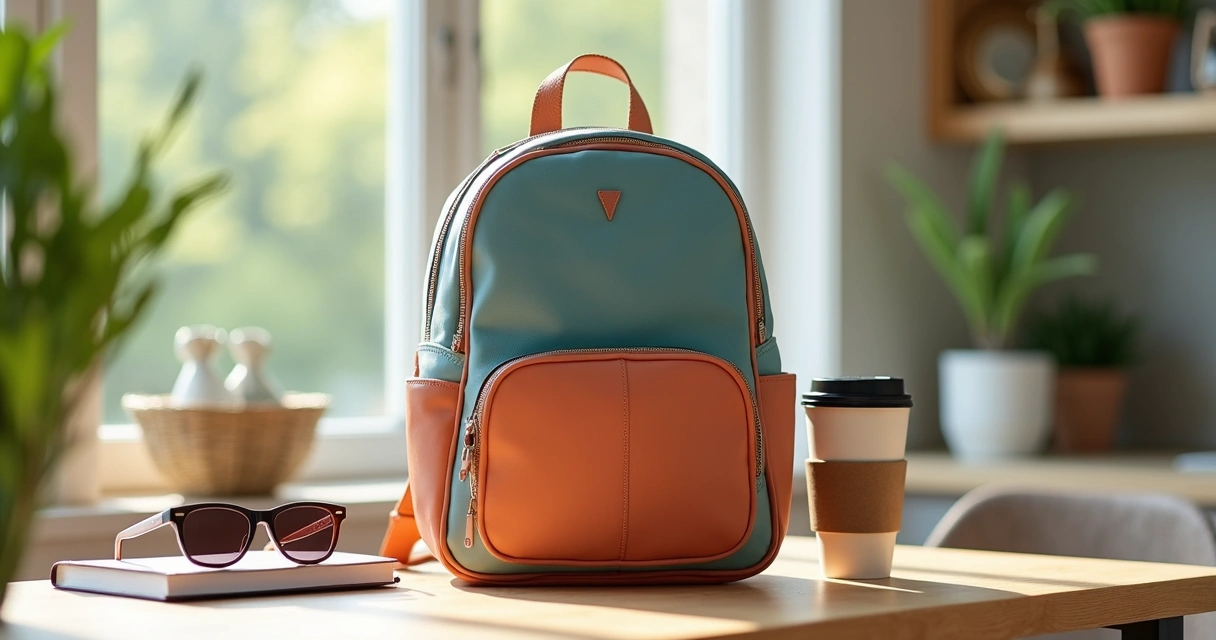 Mochila feminina moderna e colorida sobre mesa clara