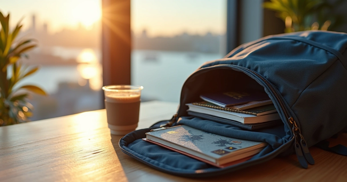 Mochila de estudante com livros e passaporte sobre uma mesa