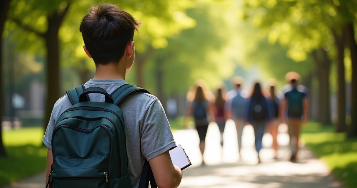Estudante com mochila e cadernos caminhando 