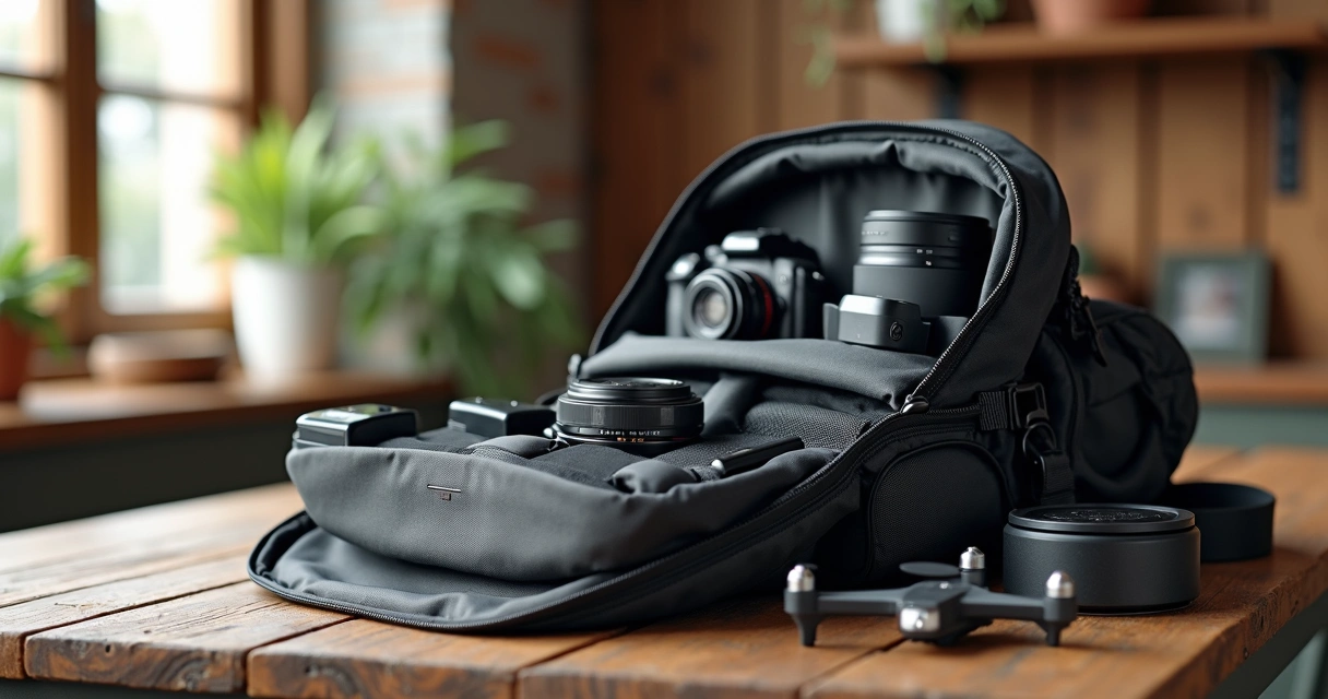 Fotógrafo organizando equipamentos em mochila divisória 