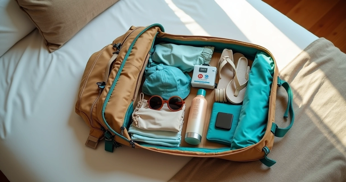 Mochila aberta com itens de praia e trilha organizados 