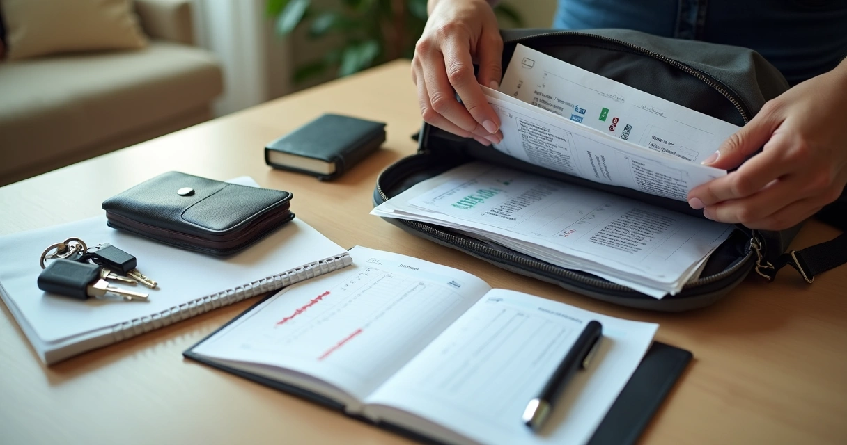 Mochila aberta mostrando kit organizado de documentos financeiros e itens de emergência 