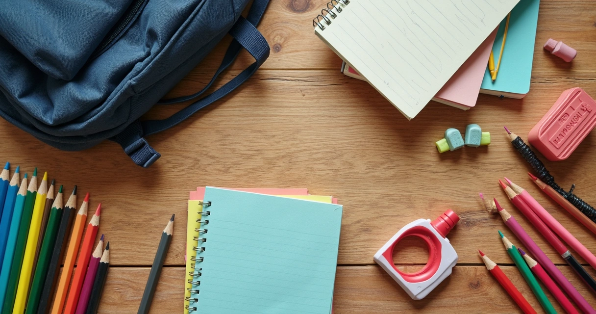 Mochila e material escolar usado organizado na mesa 