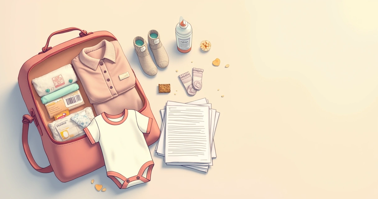 Organized maternity bag with essential documents and baby items on a soft pastel background.