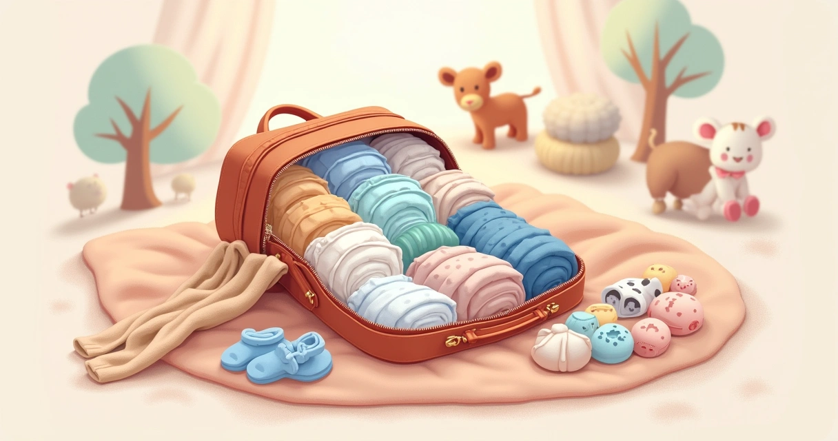 Imagem de uma mochila maternidade organizada com roupas de bebê, manta e decoração suave de berçário.