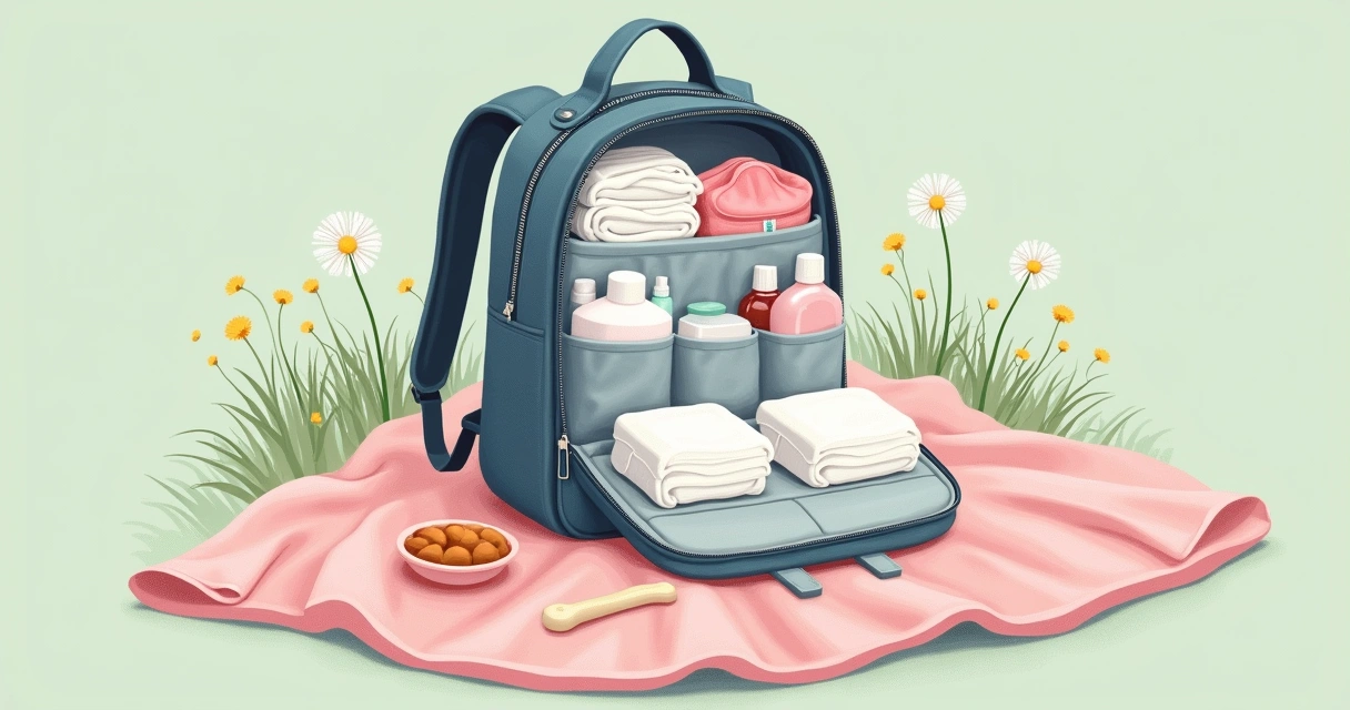 Ilustração de uma mochila maternidade organizada com itens essenciais sobre um cobertor pastel.