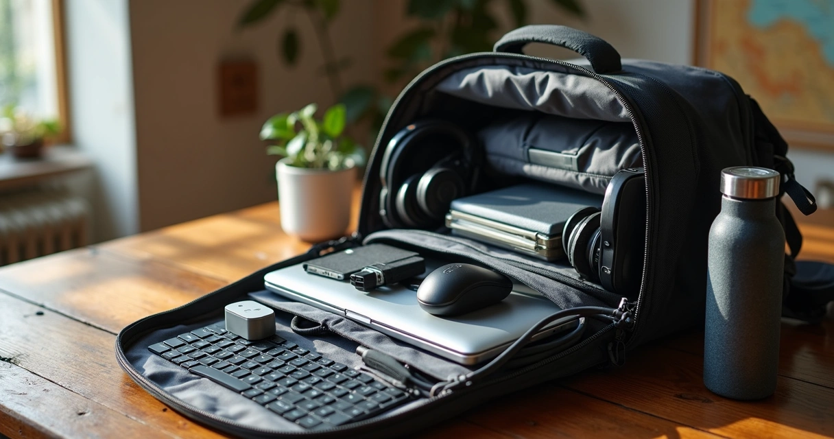 Mochila aberta com itens compactos de tecnologia para viagem 