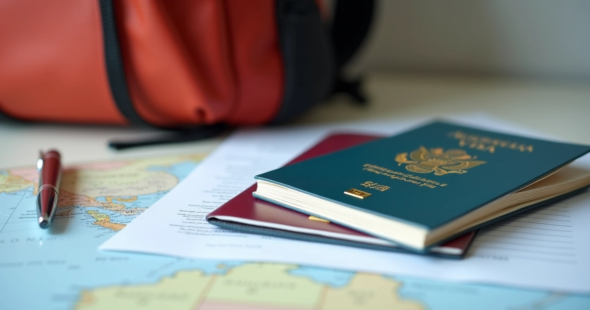 Passaporte, mochila e papelada de visto de estudante