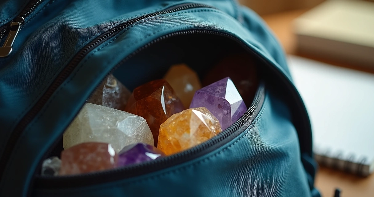 Cristais dentro de bolso de mochila escolar com caderno ao lado 