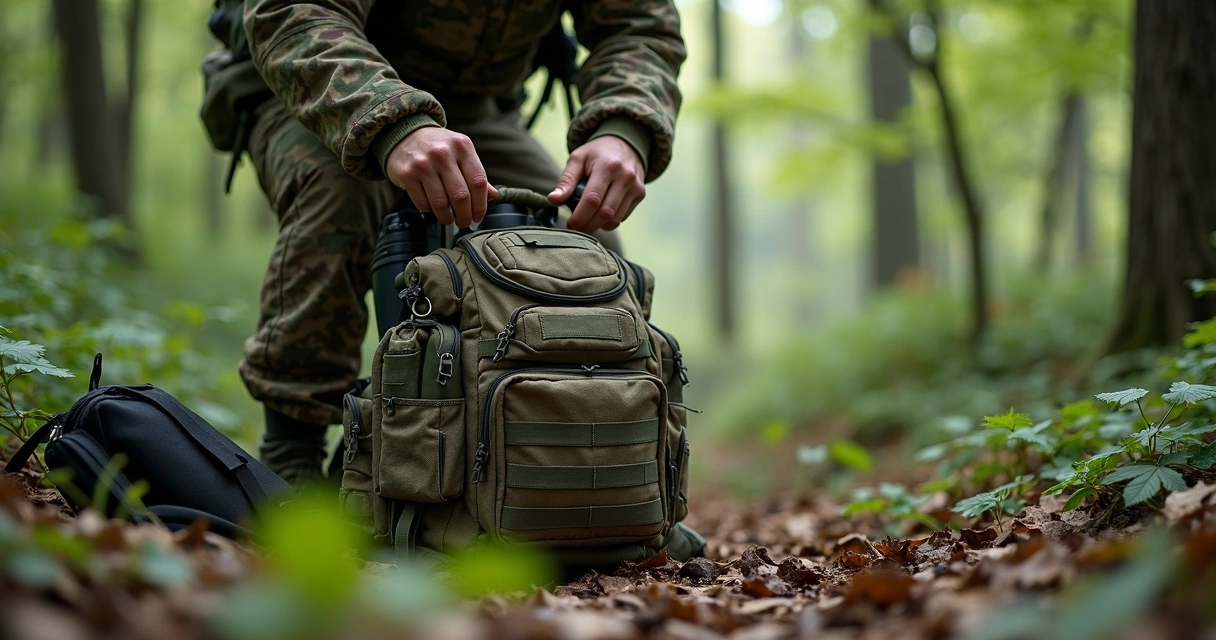 Soldado ajustando mochila tática em ambiente natural 