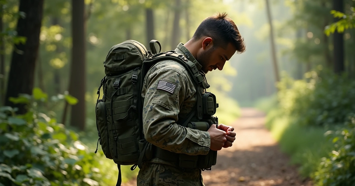 Homem ajustando mochila tática durante operação ao ar livre, vestindo uniforme camuflado em floresta 