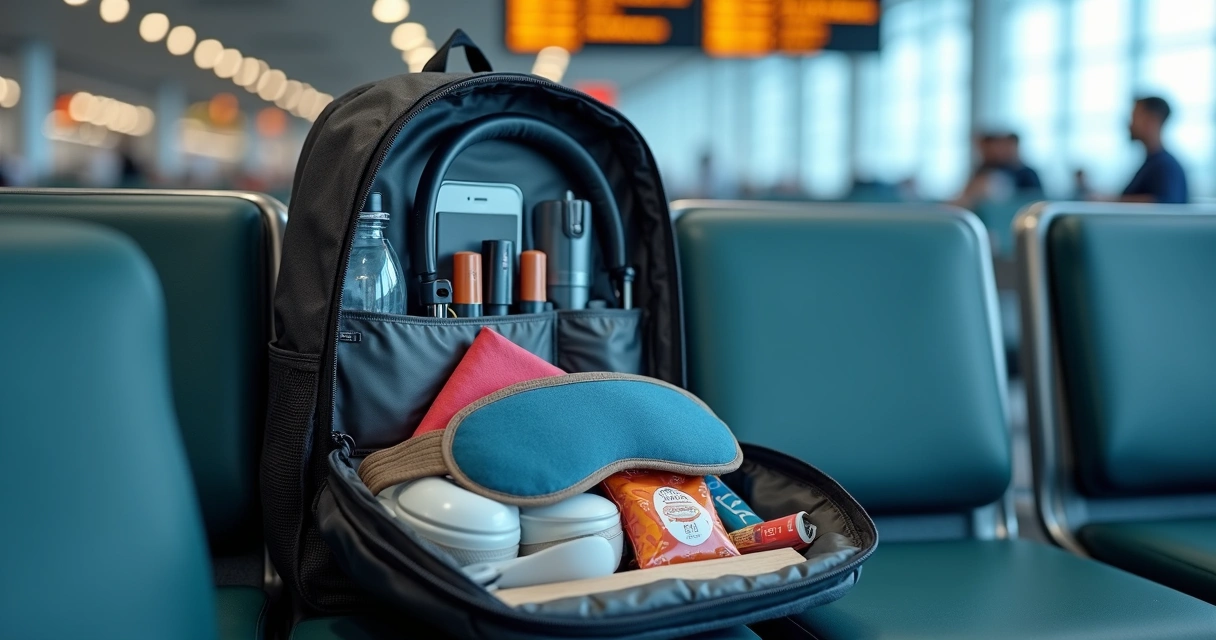 Mochila de viagem aberta com itens organizados em bancada de aeroporto