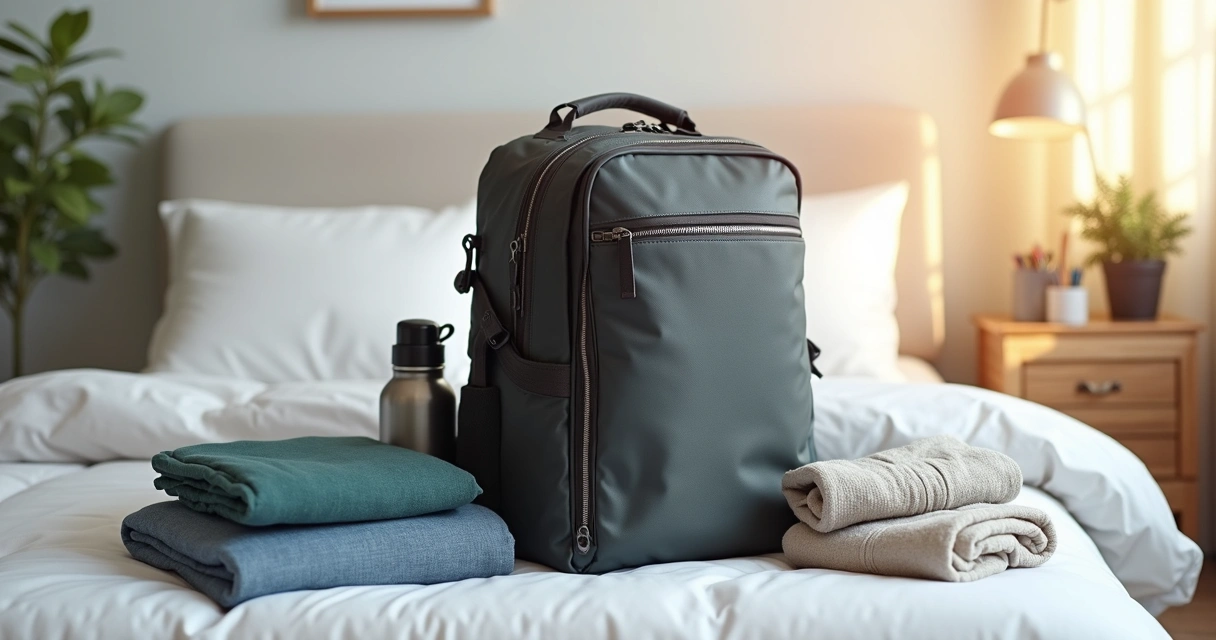 Mochila pequena pronta para viagem em cima de uma cama com roupas dobradas ao lado