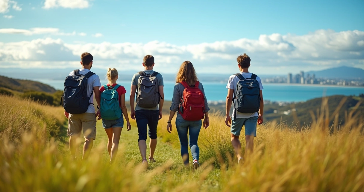 Grupo de jovens viajando juntos com mochilas em uma paisagem natural exuberante.