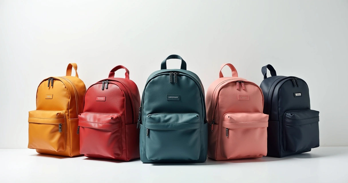 Cinco mochilas modernas em cores variadas sobre uma superfície branca, exibindo detalhes de textura e design contemporâneo 