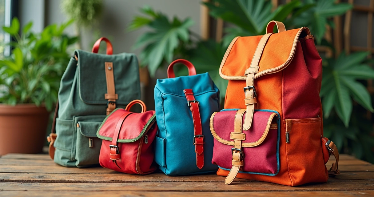 Mochilas feitas de material reciclado expostas em uma bancada 