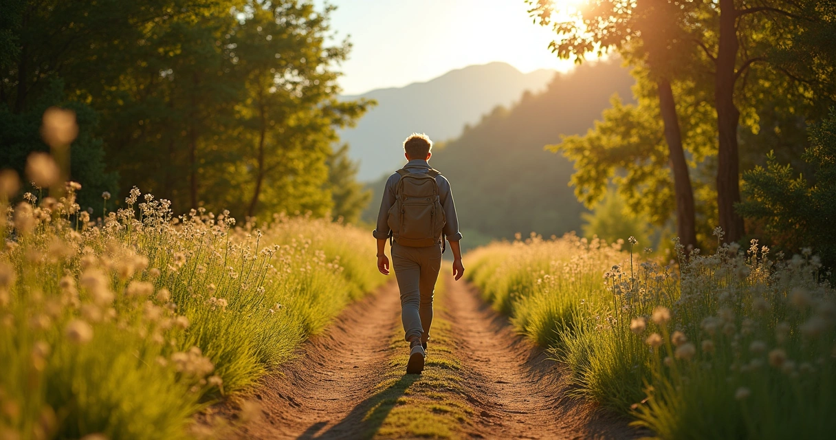 Pessoa caminhando sozinha em trilha cercada por natureza 
