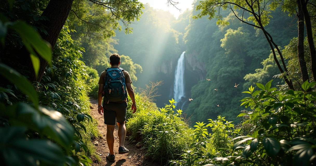 Mochileiro caminhando por trilha em floresta exuberante 