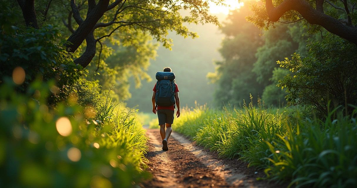Viajante com mochila caminhando em trilha cercada de verde 