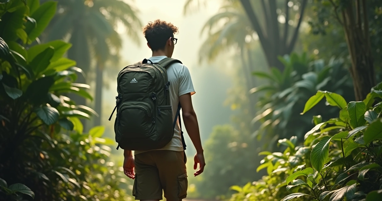 Pessoa caminhando sozinha em trilha em floresta tropical 