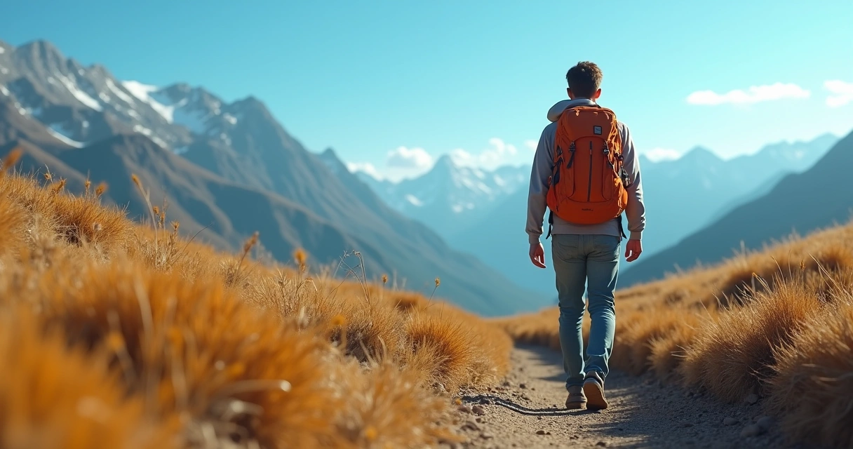 Jovem com mochila em paisagem de natureza, montanhas ao fundo, céu azul. 