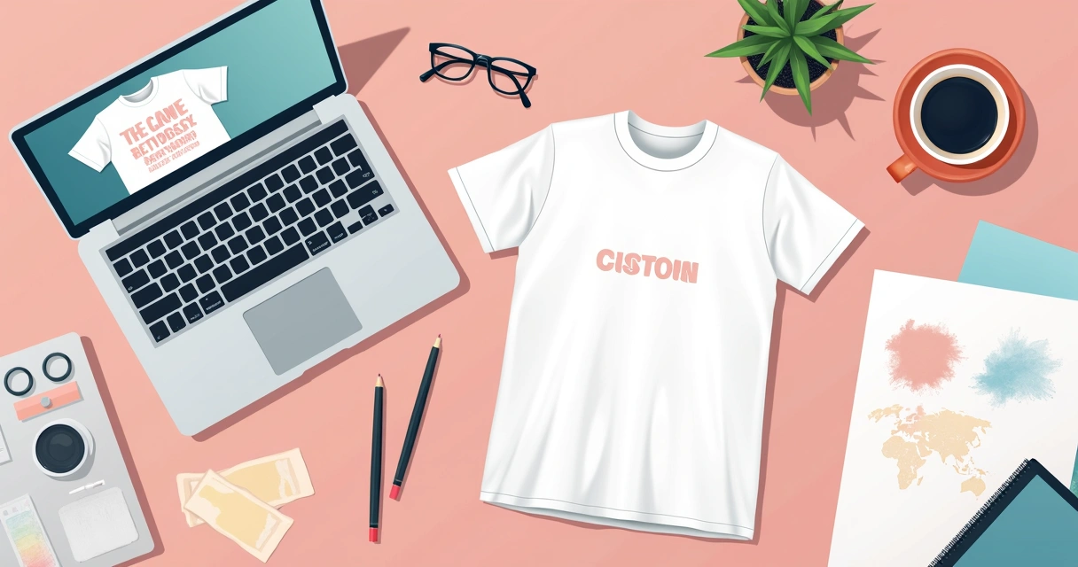 Camiseta personalizada ao lado de notebook com arte digital aberta 