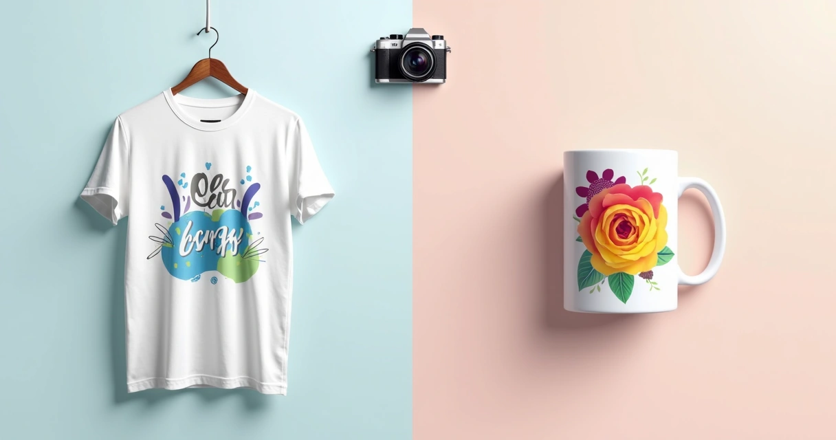 Mockups digitais mostrando camiseta e caneca com designs personalizados