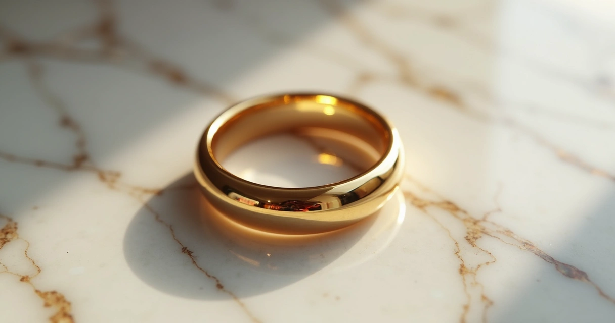 Anel de ouro editado com fundo de mármore e sombra suave 