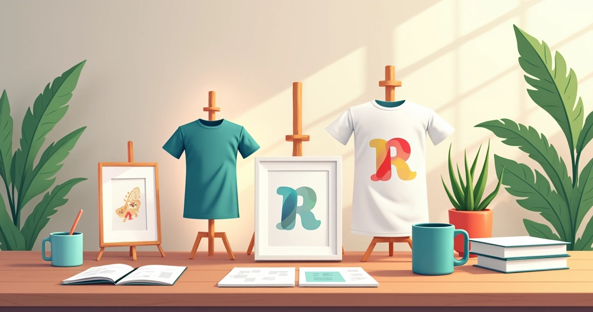 Produtos personalizados em mesa, com camisetas, canecas e quadros 