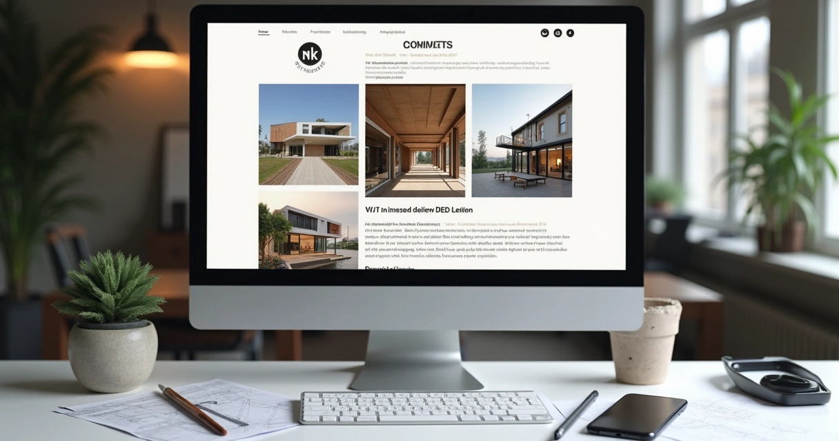 Perfil de redes sociais de arquiteto com fotos de projetos, logo e elementos de identidade visual 