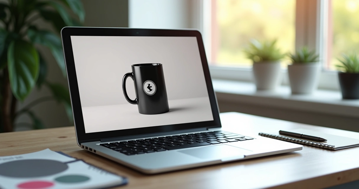 Simulação digital de produto na tela de notebook 