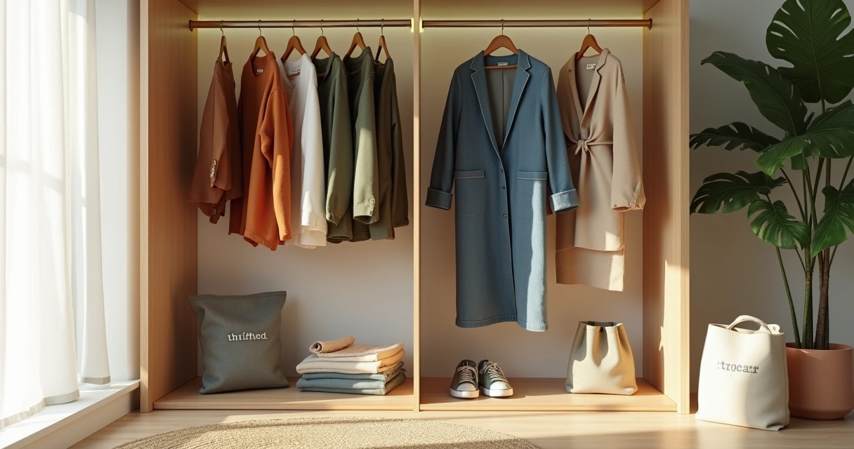Closet minimalista com roupas de brechó e peças reaproveitadas organizadas em forma de ciclo 
